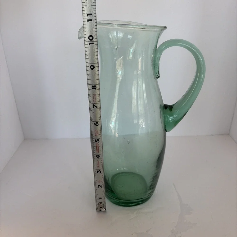 Water Pitcher Carafe with Handle Art Glass Hand Blown Jug Bubbles Green- VTG